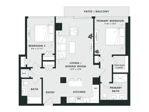 A black and white floor plan of a home with a living room, dining room, kitchen, two bedrooms, and a bathroom.